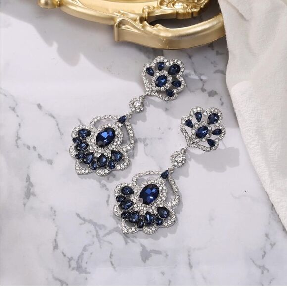 Blue Sapphire Chandelier Earrings with Diamonds 18K White  Silver with Sapphire Blue and Diamond Austrian Crystal Chandelier Post Earrings